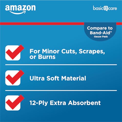 Amazon Basic Care Gauze Pads, 4x4" Sterile Medical Wound Dressing Sponges, 12-Ply, Extra Absorbent, for Cleaning, Covering & Cushioning Cuts & Minor Injuries, 50 Count, 1-Pack (Previously All Health) - size: 4x4 Inch (Pack of 1)