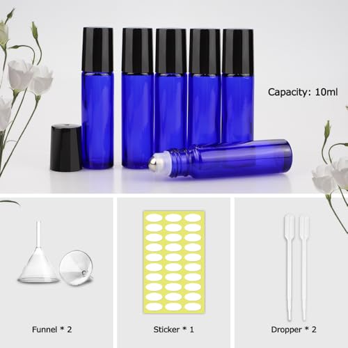 sungwoo 12 Pack Essential Oil Bottles, 10ml Blue Glass Bottles with Stainless Steel Roller Balls and Caps for Travel, Perfume and Lip Gloss - color: Blue, style: 12 Pack