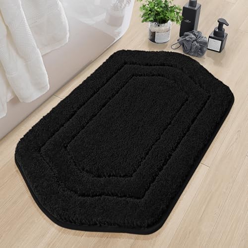 COSY HOMEER Bathroom Mat Rugs 24”x36” Non-Slip Absorbent Bath Mat Plush Shaggy Machine Washable Bath Rugs Soft Polyester Bath Mats for Bathroom Floor,Tub and Shower,Black - color: Black, size: 2' x 3' (Oval)