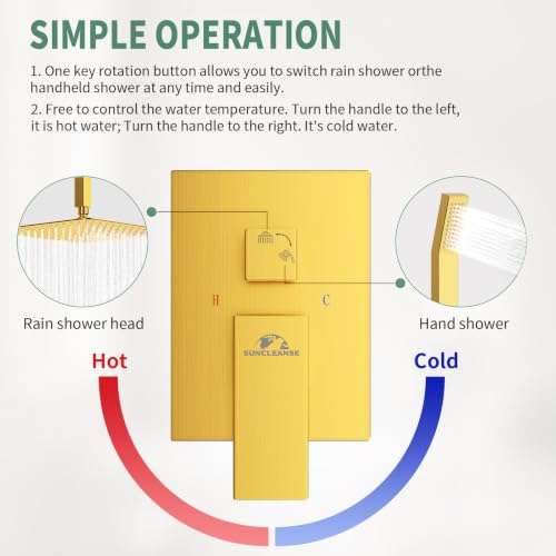 SunCleanse Rainfall Shower Faucet Set Brushed Gold Shower Combo Set for Bathroom with High Pressure 10 inch Shower Head with Handheld Shower Valves Shower Head and Handheld Ceiling Mounted - color: Brushed Gold, style: 10-ceiling