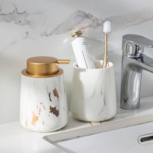 Enra Ceramic Gold Foaming Soap Dispenser,12 oz Marble Foam soap Dispenser Bathroom Refillable Hand Soap Dispenser for Bathroom Kitchen with Easy-to-Press Pump (Glod Foam Type) - color: Glod Foam Type