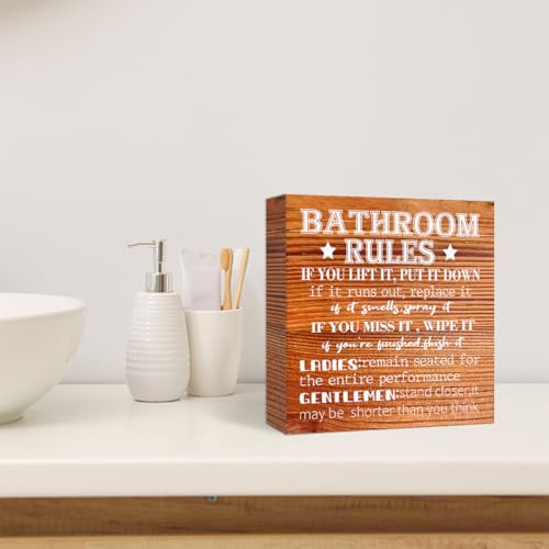 Farmhouse Wood Sign - Bathroom Rules & Decor, Wooden Block Sign for Shelf, Tabletop, Desk - color: Wood Color