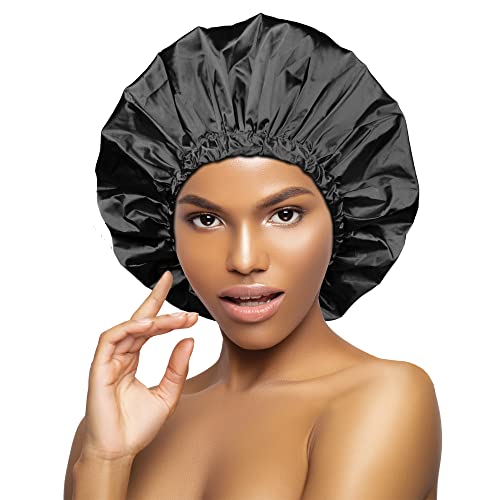 DONNA Shower & Conditioning Silky Satin Cap Waterproof Bath Caps Plastic Reusable Shower Caps Elastic Band Bath Hair Hat Stocking Stuffers for Women Midnight L-XL - color: Midnight