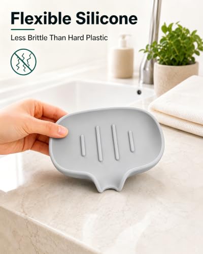 3 Pack Silicone Soap Dish with Drain, Bar Soap Holder for Shower/Bathroom, Self Draining Waterfall Soap Tray/Saver for Kitchen, Keep Soap Dry, Easy to Clean - color: White, Grey, Green