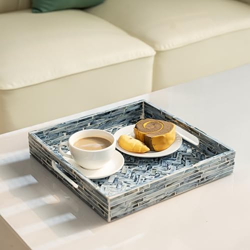 PEMAR 12.2" Square Serving Tray Mother of Pearl Nacre Wood Lap Ottoman Tray for Coffee Table, Luxury Decorative Handmade Eating Platters w Insert Handles (Midnight Blue Herringbone) - color: Midnight Blue Herringbone