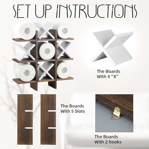 Weysat Tic Tac Toe Toilet Paper Holder Stand Bathroom Wall Decor Rustic Wooden Hanging Storage Freestanding Wall Mounted Shelves Decor for Toilet Tissue Farmhouse - color: White, Dark Brown