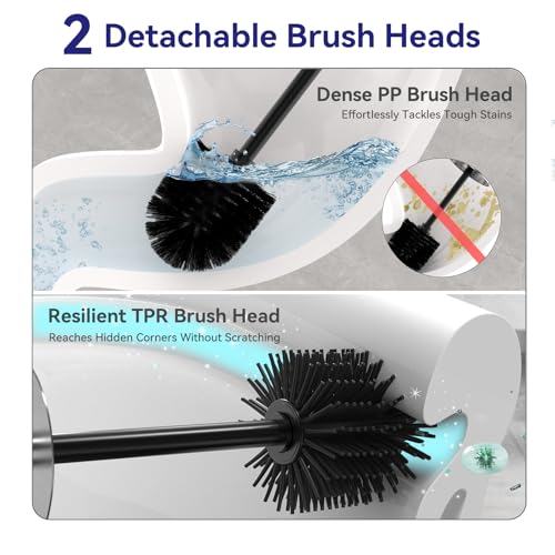 DOWRY Stainless Steel Toilet Bowl Brush and Holder for Bathroom, Deep Cleaning Toilet Brush and Holder Set with Long Handle, Hidden Toilet Bowl Brush with 2 Heads,Modern Decor Nickel Brushed Round - color: Nickel-round-1p, size: Round