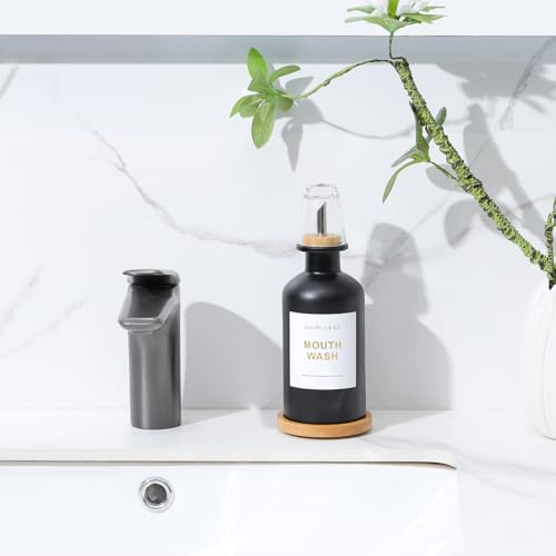 11.8OZ Glass Mouthwash Dispenser for Bathroom with Stainless Steel & Bamboo Nozzle, Mouthwash Cup Reusable, Bamboo Tray, and Elegant Gold Sticker.(Black) - color: Black/350*1