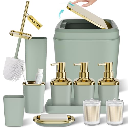 Bathroom Set - 11PC Bathroom Accessory Set, Bathroom Accessories Set, Sage Green Bathroom Set, Push-lid Trash Can, 3PC Soap Dispensers, Toilet Brush & Q-tip Holders - color: Sage Green & Gold, size: Bath Set
