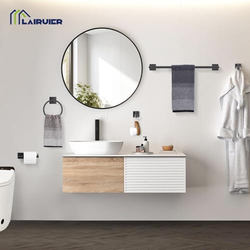 5 Pieces Bathroom Hardware Set Matte Black Towel Bar Set Includes 23.6” Towel Bar, Towel Ring Holder, Toilet Paper Holder and Two Towel Hooks, Bathroom Accessories Set SUS304 Wall Mounted - color: Black, size: 5 Pieces - Standard