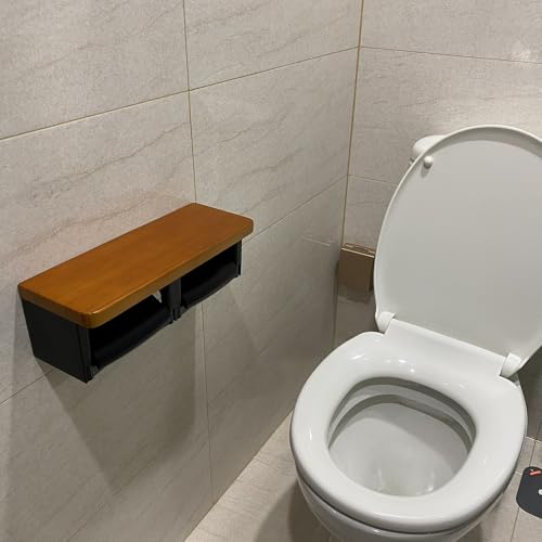 Toilet Paper Holder with Shelf- with Toilet Paper Cutting Function, Modern Toilet Paper Holder Wall Mounted for Bathroom Washroom (Wood Brown&Black, Double) - color: Wood Brown&black, size: Full