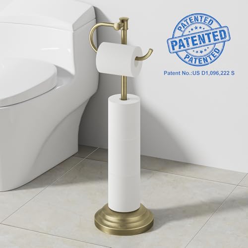 RUMOSE Toilet Paper Holder Stand for Floor, Antique Brass Bathroom Free Standing Toilet Tissue Roll Holder with Storage, Adjustable 17-25 Inch, SUS304 Stainless Steel - color: Antique Brass