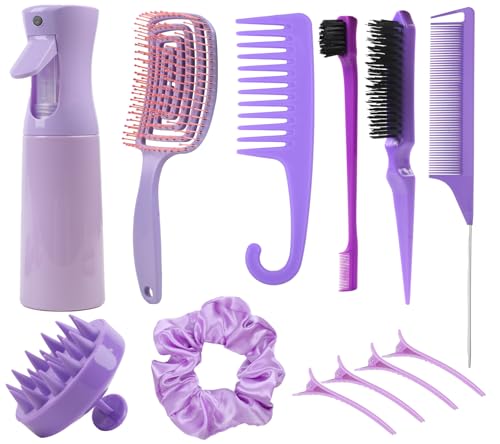 12 pcs Hair Brush Set,Detangler Brush with Hair Spray Bottle Scalp massager for Wet Dry Curly Hair, Bristle Hair Brush Hair Comb for Women Girl,Hair Styling Tools (Purple)