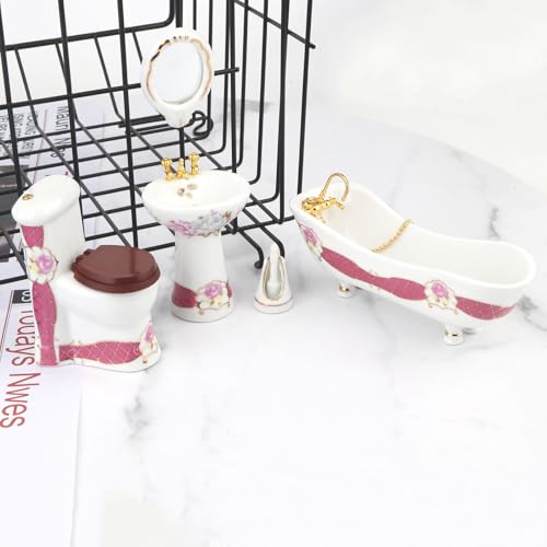 Dollhouse Bathroom Set 5PCS Miniature Porcelain Furniture 1/12 Victorian Dollhouse Furniture White Ceramic Toilet Bathtub Washbasins Decoration Accessory (Red) - style: Red