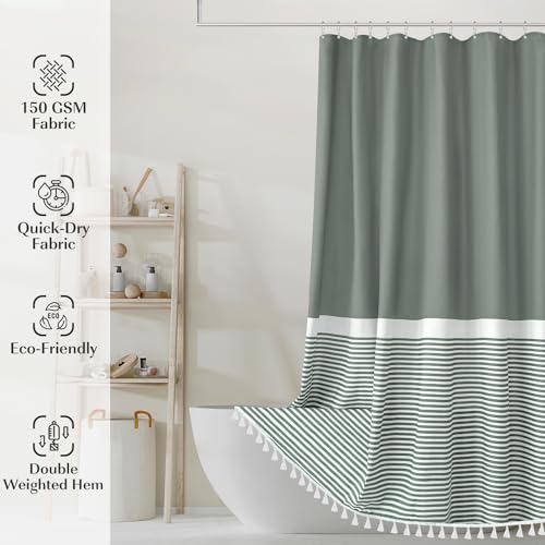 Seasonwood Shower Curtain with White Tassels Modern Farmhouse White Striped Sage Green Shower Curtains for Bathroom 72 x 72 inch Waterproof Fabric Shower Curtain Set - color: Green, size: 72"W x 72"L (Pack of 1)