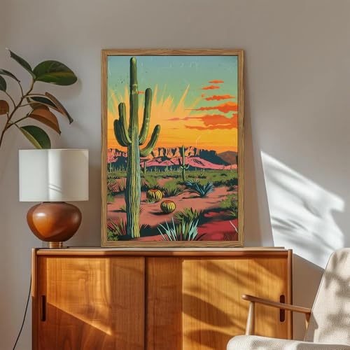 Framed Desert Landscape Wall Art Set of 3, Vintage Mexican Cactus Wall Decor Paintings, Boho Southwestern Mountain Plant Pictures Canvas Prints for Living Room Bedroom Bathroom Office 12x16 inch - color: Desert, size: 16"L x 12"W
