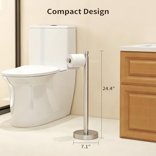 YUMORE Toilet Paper Holder Stand, Heavy Duty Stainless Steel Free Standing Bathroom Tissue Roll Holder, Brushed Nickel - color: Brushed Nickel