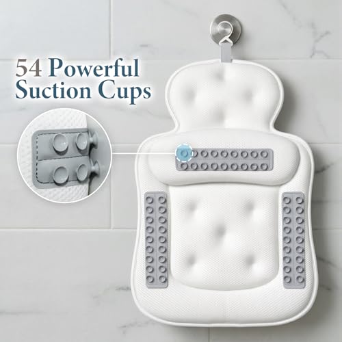 Bath Pillows for Tub, Comfortable Bathtub Cushion for Head and Neck with Soft 3D Mesh Fabric and 54 Non-Slip Suction Cups, Relaxing Tub and Shower Accessories Spa Gift White Standard - color: White, size: Standard