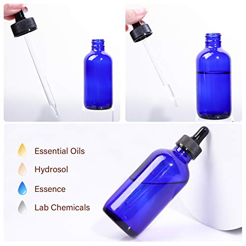 12 Pack 4oz Cobalt Blue Glass Bottles with Glass Eye Droppers for Essential Oils, Perfumes & Lab Chemicals (Brush, Funnels, 2 Extra Droppers, 24 Pcs Labels & 30ml Measuring Cup Included) - color: Cobalt Blue