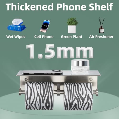 Double Toilet Paper Holder with Shelf Brushed Nickel, APLusee SUS 304 Stainless Steel Contemporary Tissue Roll Holder Mobile Phone Storage Rack - color: Brushed Nickel, size: Double Rod