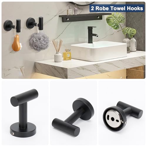 NearMoon 5 Pieces Bathroom Hardware Set SUS304 Thicken Stainless Steel-Towel Rack Kit Include 24" Towel Rod + Bath Towel Ring + Toilet Paper Holder + Robe Towel Hooks Bath Accessories (Matte Black) - color: Matte Black