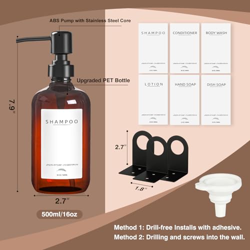 Supforce Shampoo Dispenser for Shower Wall Mount, No Drill Shampoo and Conditioner Dispenser with Matte Pump and Waterproof Labels, Shower Soap Dispenser Wall Mounted for Home Bathroom - Amber - color: Amber