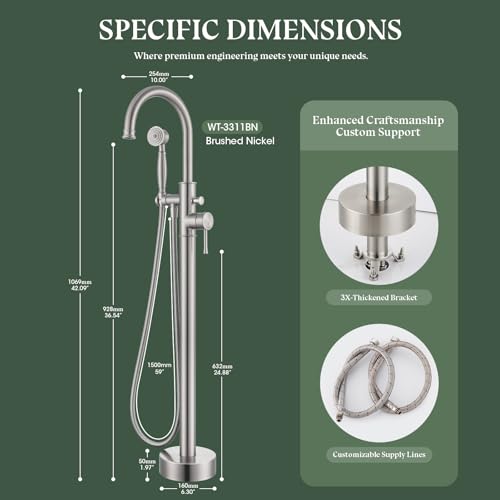 Free Standing Tub Faucet, Wintap Classic Freestanding Bathtub Faucet with Sprayer Brass Elegant Floor Mount Bath Faucets High Flow Roman Tub Filler, Brushed Nickel （WT-3311BN） - color: Brushed Nickel