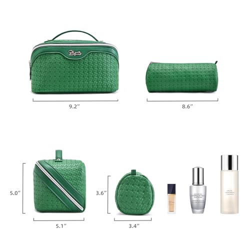 BOYATU Travel Makeup Bag Cosmetic Bags for Women: Large Capacity 3 Pcs Set Make up Bag with Compartments - Waterproof Vegan Leather Toiletry Organizer Bags with Handle (L38 Green) - color: L38 Green