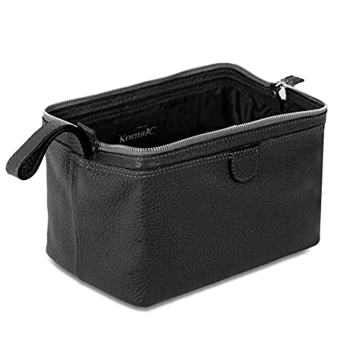 KomalC Premium Buffalo Leather Toiletry Bag for Men & Women With Water resistant Lining, Grooming Travel Pouch, Unisex Wash Bag for Toiletries, Gifts for Men and Women - color: Black