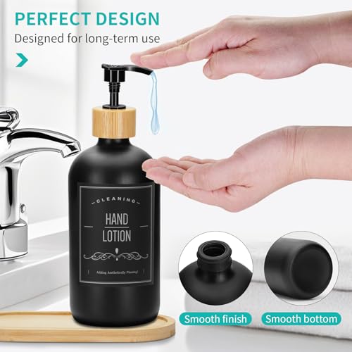 2 Pack 16 Oz Glass Soap Dispenser Set with Tray and Sticker, Hand Dish Soap Dispenser Set for Bathroom and Kitchen Bottle Dispenser with Dish Soap, Hand Soap, Lotion Sticker (Black) - color: Black