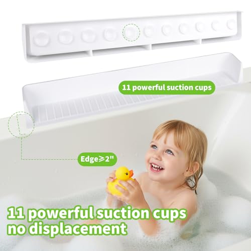 Bathtub Splash Guard for Tub Kids, 31 Inch White Bath Play Shelf, Longer Silicone Bathtub Guard Play with 11 Suction Cups, Toy Tray Caddy Holder for Tub,Water Leak & Splash-Proof, with 1pc Bath Sponge