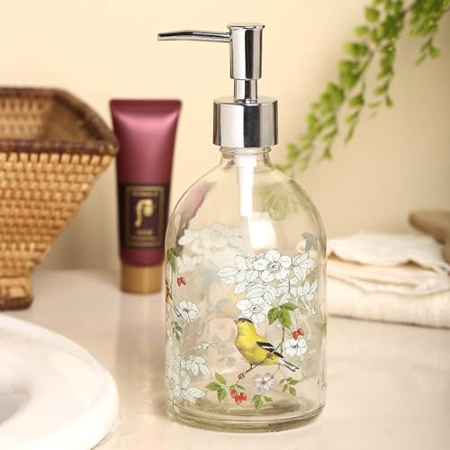 Topadorn 17oz Glass Soap Dispenser with Pump, Refillable Hand Soap Dispenser for Bathroom & Kitchen, Goldfinch Bird & Floral Decorative Soap Bottle, Farmhouse Countertop Decor - color: Bird