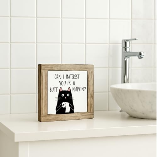 Funny Black Cat Bathroom Decor Wooden Sign, Can I Interest You in A Butt Napkin, Washroom Decoration for Table Shelf, Rustic Bathroom Wooden Table Top Decor 5.9×5.9 inch - color: color32