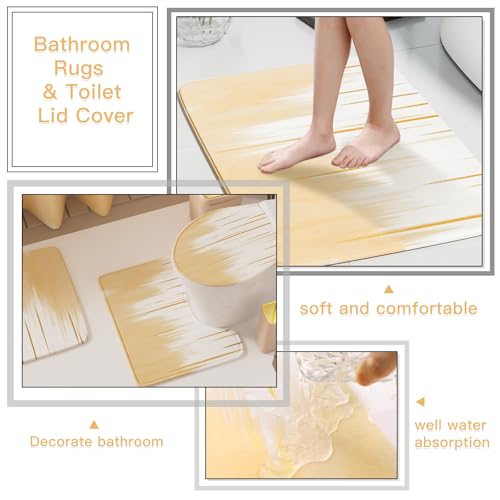 32PCS Bathroom Sets with Shower Curtain and Rugs-Beige Bathroom Accessories,Non Slip Bathroom Rugs Set with Toilet Lid Cover, Waterproof Shower Curtain, 3PC Soap Dispenser with Trash Can - size: Bath Set+Oil Paint Shower Curtain+Bath Rugs, style: Beige