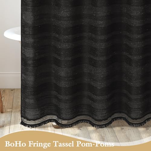 Small Stall Boho Farmhouse Shower Curtain with Tassel, Linen Bohemian French Country Chic Bathroom Shower Curtain Set, Modern Striped Textured Shower Curtain 36x72 - Black - color: Black, size: 36"W x 72"L (Pack of 1)
