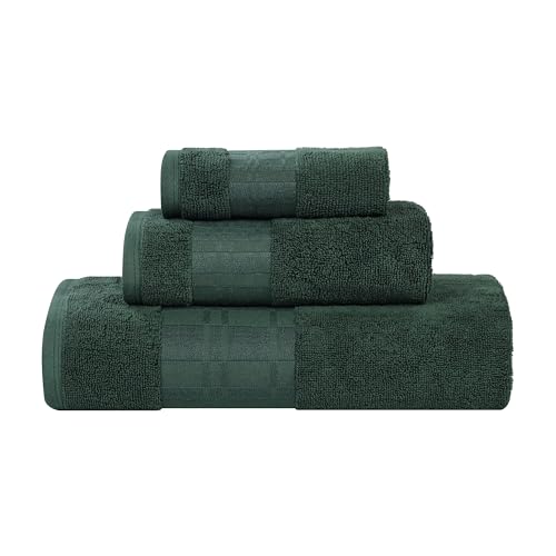 Superior 3-Piece Cotton Towel Set, Geometric Design, Dobby Border, Plush Quick Dry Towels, Decorative Bathroom, Spa, Includes 1 Bath, 1 Hand, 1 Face Towel/Washcloth, Larissa Collection, Forest Green - color: Forest Green, size: 3 Piece Towel Set