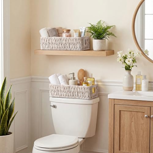 StorageWorks Wicker Toilet Paper Basket for Back of Toilet Baskets, Water Hyacinth Bathroom Basket Organizer and Storage for Tank Topper, Small Tank Trays for Decor with Built-in Handles, White - color: White (Water Hyacinth), size: 14¼" L x 6¾" W x 3¾" H