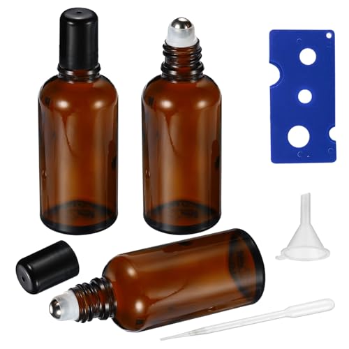 50ML Roller Bottles for Essential Oil, 3 Pack Empty Amber Glass Roller Bottle for Perfume Oil, Roll on Bottles with Stainless Steel Roller Balls, Opener, Funnel and Dropper - size: 50ml_3pcs