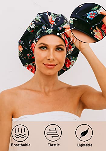HIUMI Shower Cap for Women, Large Shower Cap for Long Hair Jumbo Adjustable Reusable Shower Caps Waterproof Bath Cap(Navy Blue) - color: navy blue