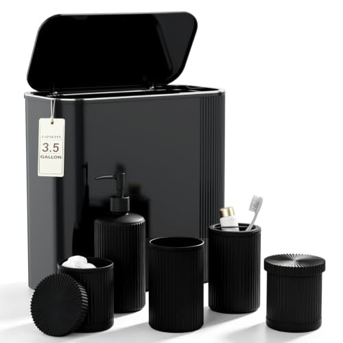 Black Bathroom Accessories Set, 3.5 Gal Trash Can with Press-Top Lid, Glass Bathroom Set, Soap Dispenser, Toothbrush Holder, Tumbler, Qtip Holders, Vintage Bathroom Sink Set Cute Bathroom Decor - color: Black, size: 6 Pieces
