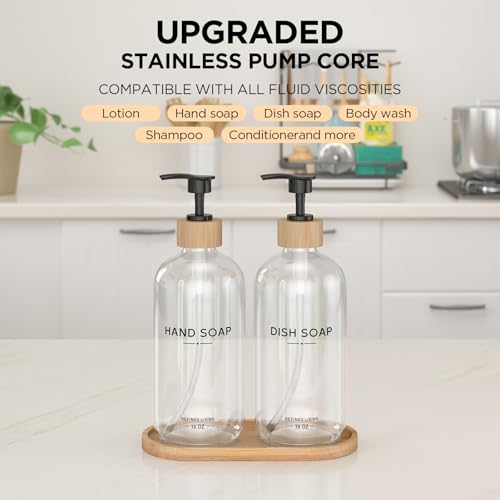 Hand and Dish Soap Dispenser Set,16oz Glass Bottles with Bamboo Pumps & Tray,Countertop Soap Dispensers for Kitchen,Luxury, Minimalist & Farmhouse Decor - color: Hand Dish (Transparent)