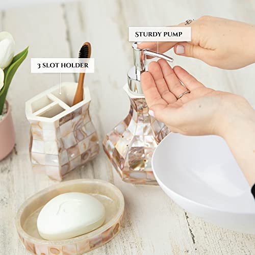 Milano Mother of Pearl 4 Piece Resin Bathroom Accessories Set | Includes Soap Dispenser, Toothbrush Holder, Tumbler Cup & Soap Dish - style: 4 Pc. Bathroom Accessory Set