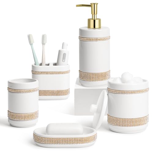 RQYIXI Bathroom Accessories Set with Diamonds 5 Pieces Toothbrush Holder Soap Dispenser Ceramic Bathroom Accessory Set Contain Cotton Swab Jar Toothbrush Cup Soap Dish Tumbler - color: White-set With Diamonds