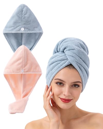 Lumimi Bath Pre Dry Hair Towel 2 Pack - Quick Dry Super Absorbent Lightweight Turban With Button - Drying Wrap for Shower Wellness, Pink Blue - color: Pink+blue