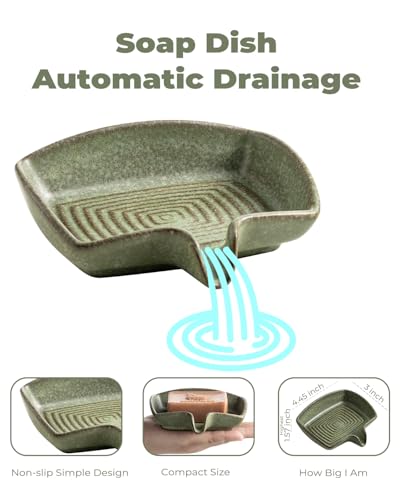 Self Draining Soap Dish, Ceramic Drain Soap Holder Waterfall Design Soap Saver for Shower, Bathroom, Sink, Kitchen and Countertop, Keeps Dry, Green - color: Green, size: Rectangular