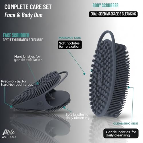 Avilana Premium Body Scrubber and Face Brush Set - Trusted Since 2017 - SGS Certified Silicone 2-in-1 Shower Kit, Dual Sided Gentle Exfoliating Loofah Alternative Sensitive Skin Women Men Gift - color: Lavender, size: Body & Face
