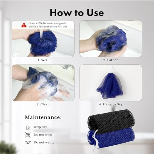 Bathway African Net Sponge Authentic with Handles (Set of 2), African Exfoliating Net Sponge, Exfoliating Body Scrubber Bath Sponge - Bathing Accessories with Storage Bag (Blue & Black) - color: Blue & Black