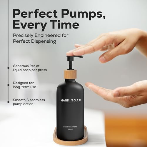 Black Glass Hand Soap Dispenser Bathroom Set by Brighter Barns - Bathroom Soap Dispenser Set with Tray - Glass Pump Bottle - Luxury Bathroom Accessories for Hotel, Vacation Rental, Restaurants (Black) - color: Black H