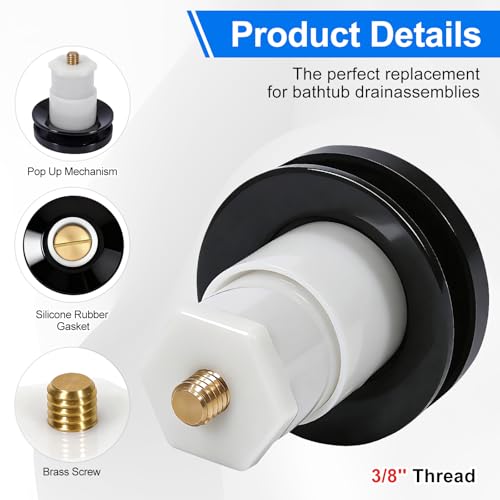 1 Pack 1068204 Bathtub Drain Stopper Replacement and Cover Compatible with Kohler Bathtub K-7272 K-7271 K-7259 K-7265, Bathroom Pop Up Tub Drain Stopper with 3/8'' Thread Studs (Matte Black Cover) - color: Matte Black Cover