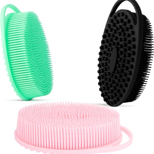 Silicone Body Scrubber 3-Pack – 2-in-1 Shower Exfoliating Brush with Handle, Gentle & Durable Loofah Alternative – Black, Green, Pink - size: 3Pack-Black Green Pink
